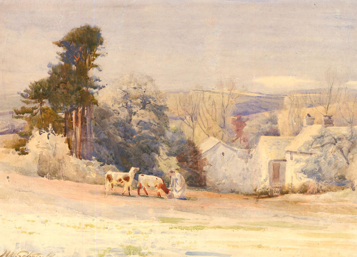 John William Schofield (1865-1944) – Watercolour, Feeding Cattle