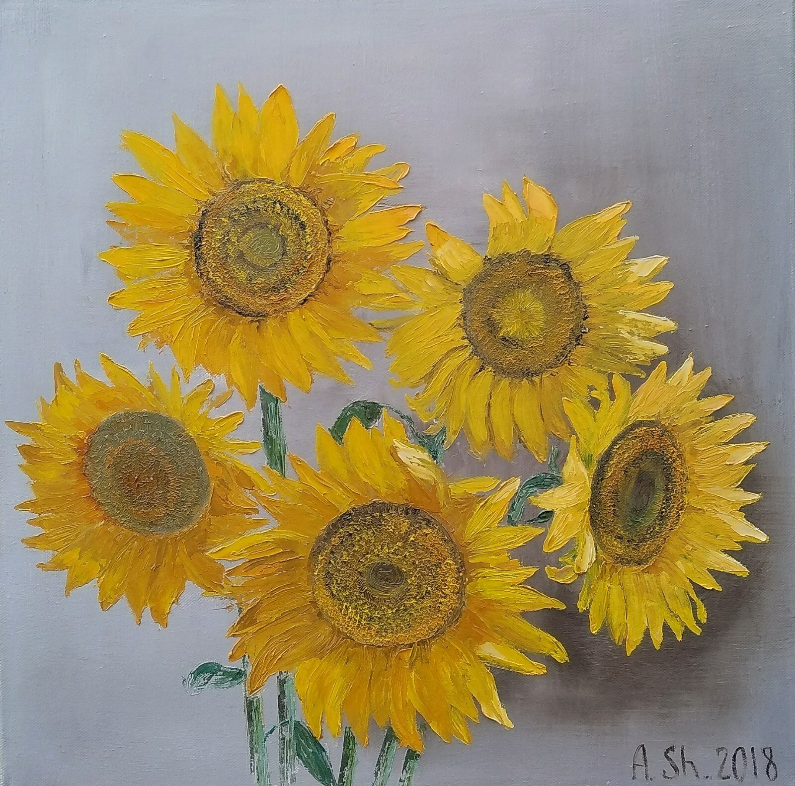 Original oil painting Sunflowers yellow flowers plants nature artwork 20×20″