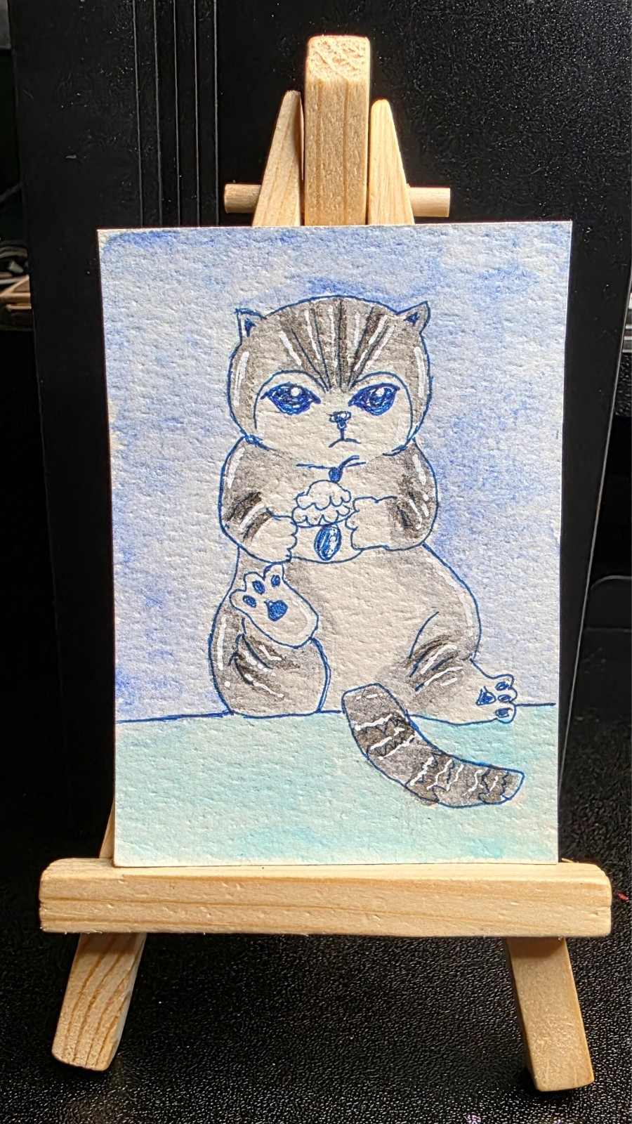 ACEO OOAK Original Mofusand Inspired Blue Kitty Watercolor Mini Painting