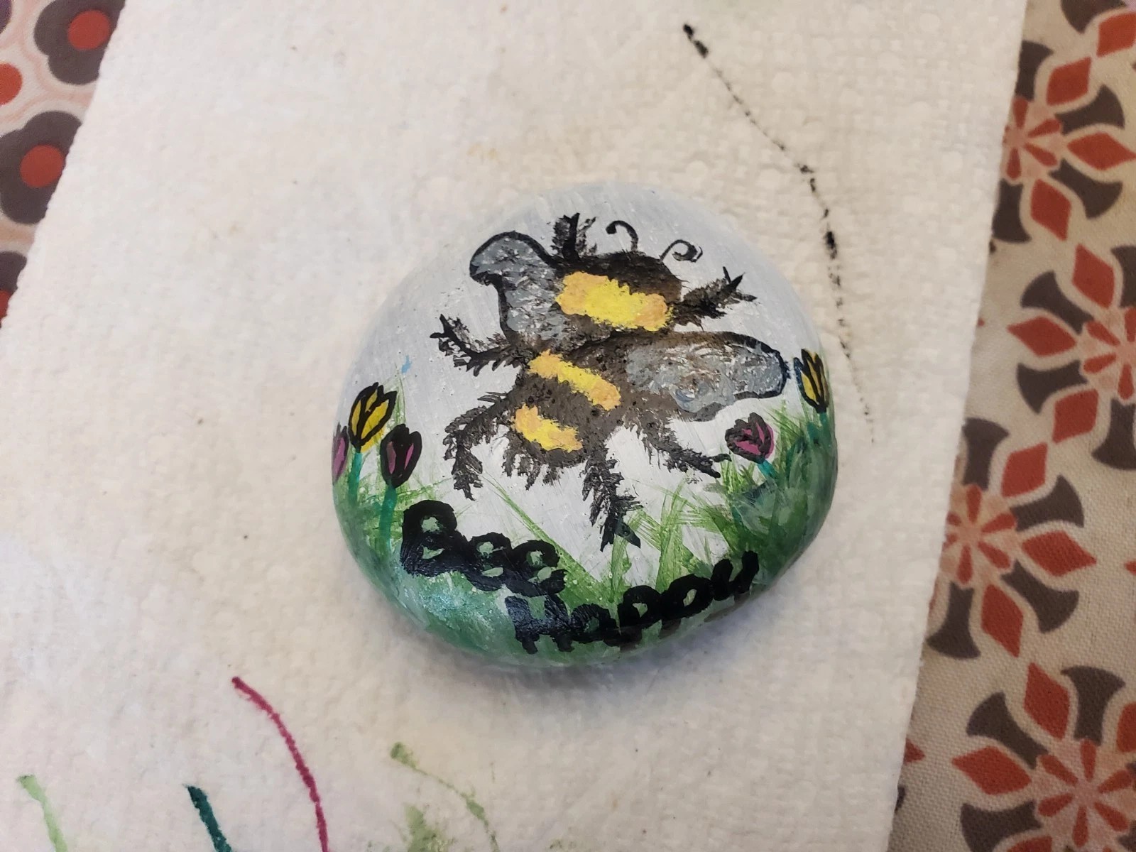 Hand-Painted Bee Happy Decorative Stone