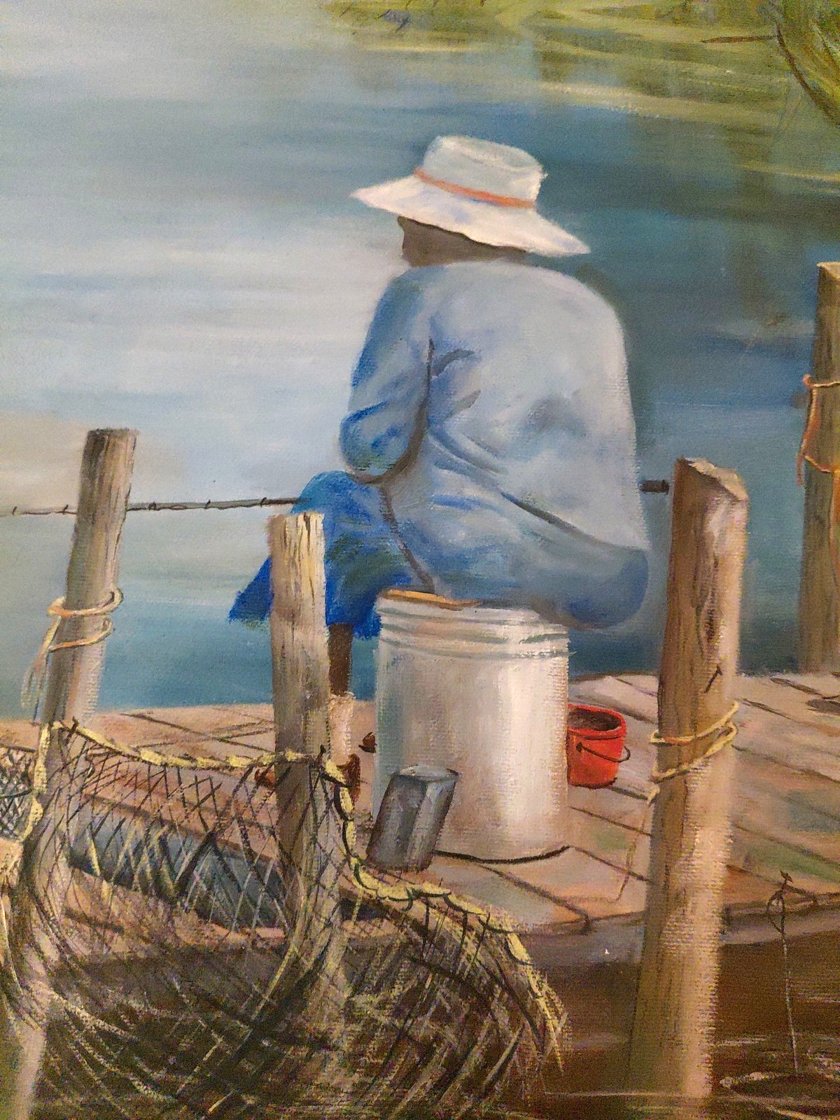Old Woman Fishing in the Bayou Louisiana Oil on Canvas 16 x 20 Nellie B. Johnson