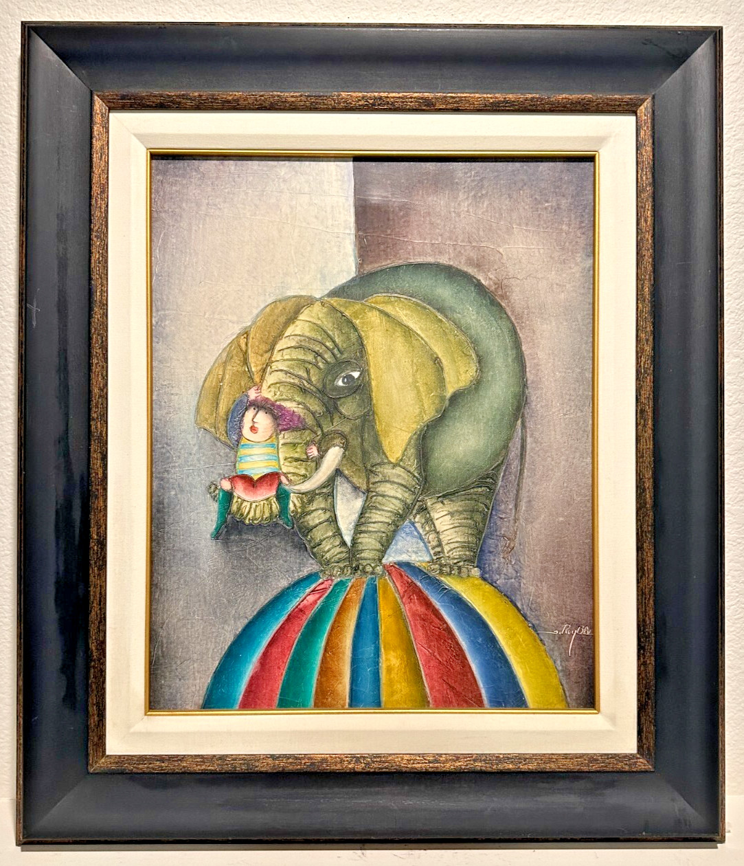 J. Roybal Signed «Elephant on Balloon with Child» Canvas Brown Frame 24″ x 29″