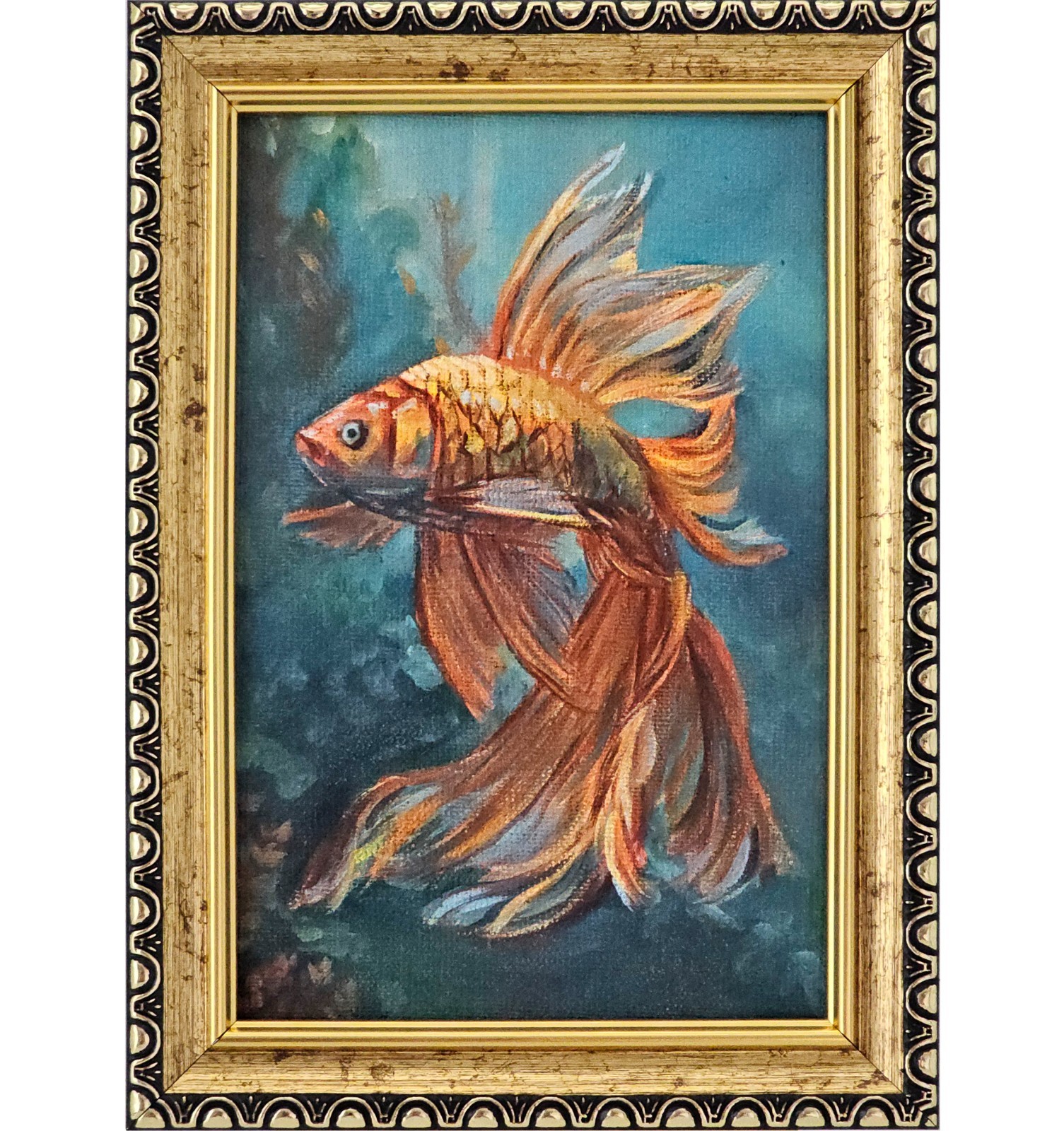 Original Oil Painting Goldfish Betta Fish 4×6 Framed Aquarium Wall Art