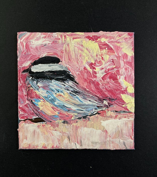 Chickadee Bird Painting Original Pink 4×4 Mini Palette Knife Animal Wall Art