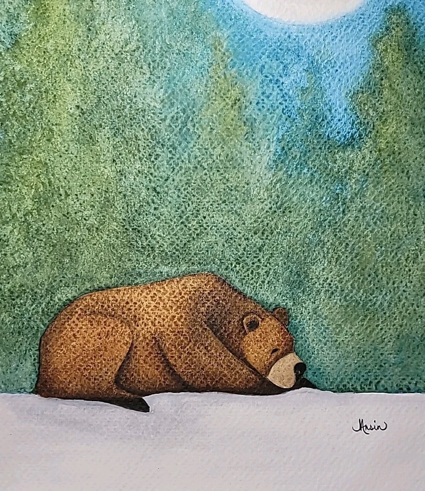 Original Watercolor Bear Under Moonlight 9×12 Wildlife Art Painting
