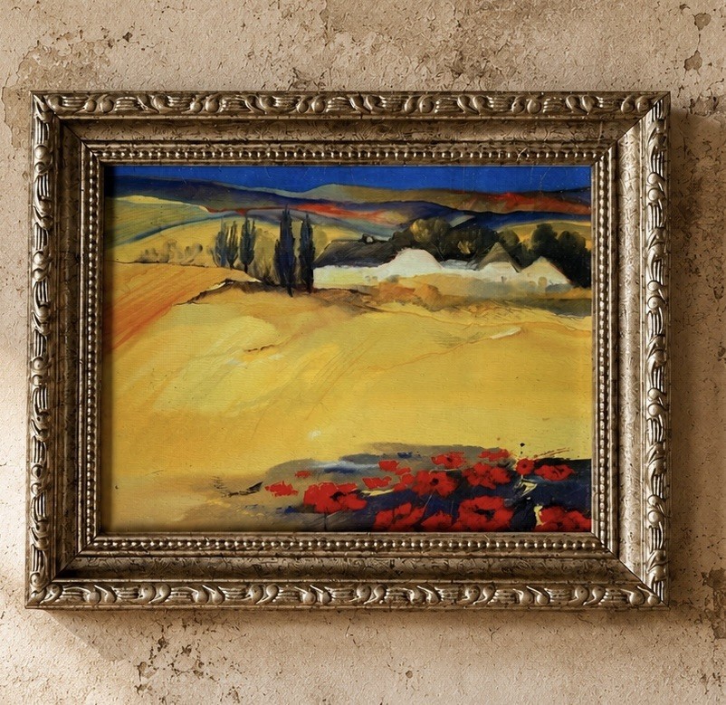 Framed Impressionist Landscape Painting Red Poppies Countryside Cottage Wall Art