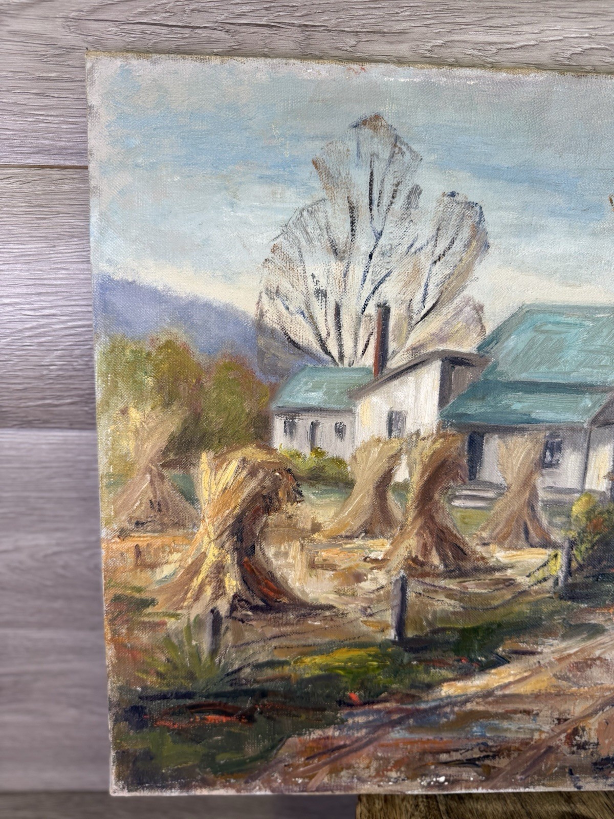 Vintage Colonial Harvest Homestead Landscape Farm Original 16×20