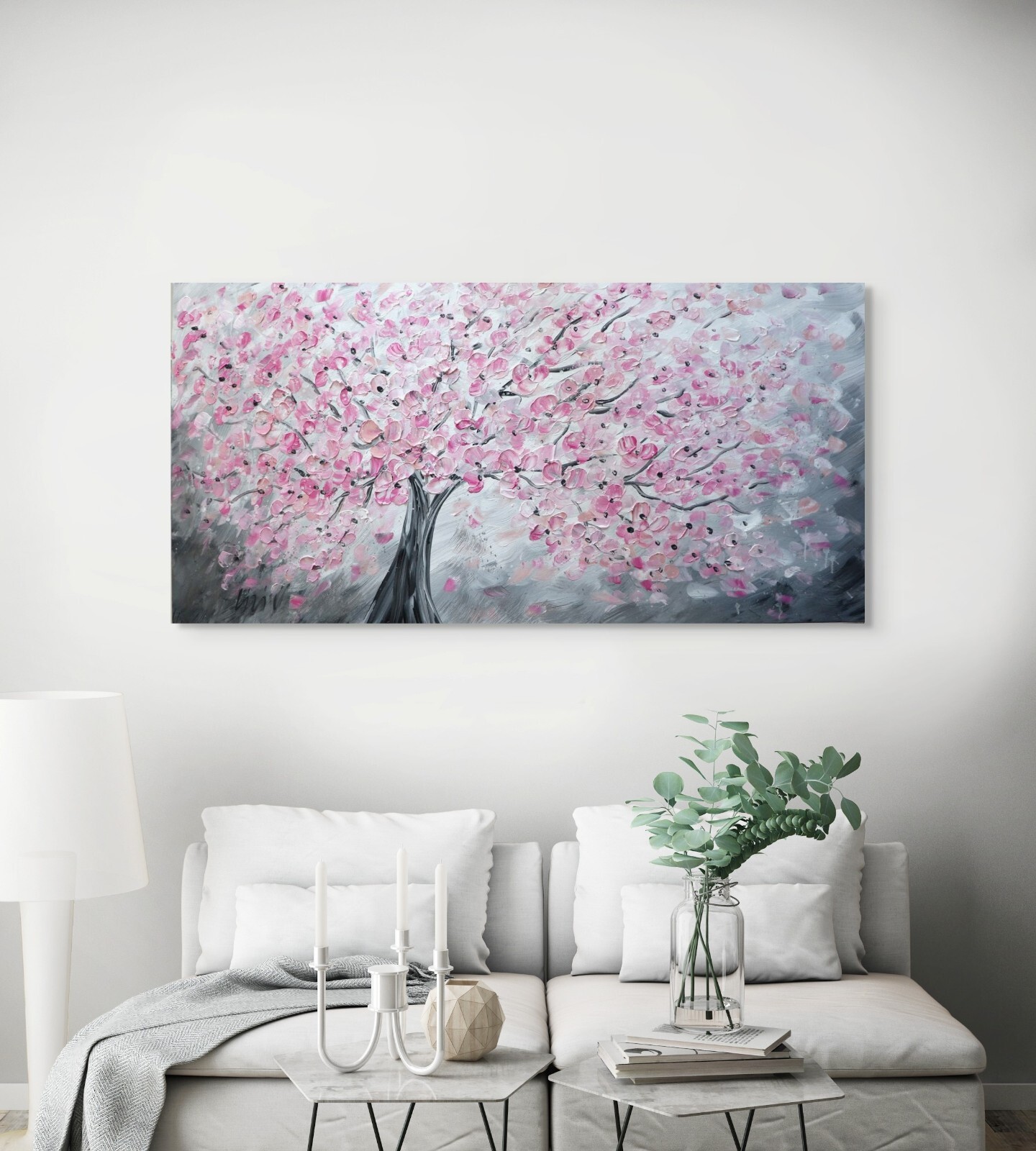 Cherry Blossom Painting 48×24 Pink Sakura Abstract Spring Wall Art Canvas