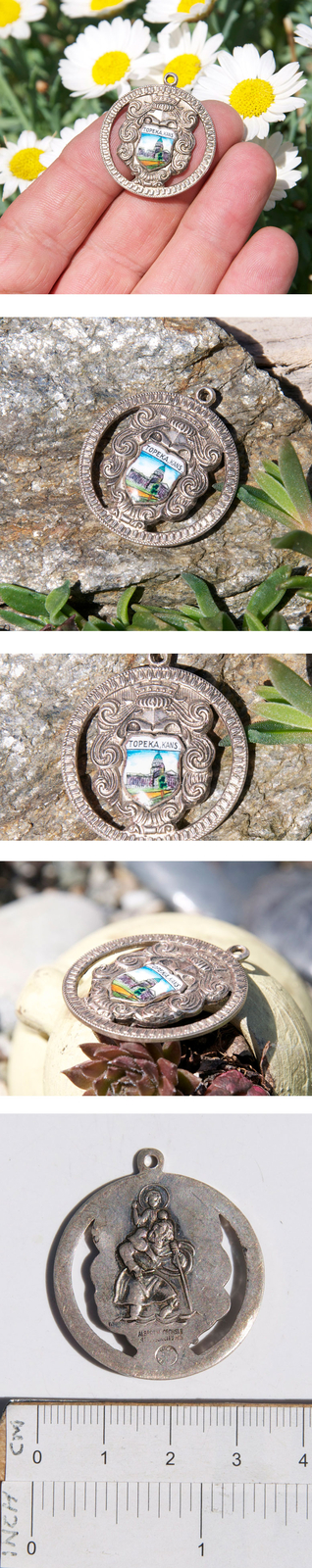 SMALL VINTAGE HAND MADE ENAMEL KEYCHAIN # TOPEKA KANSAS U.S.A. ST CHRISTOPHER