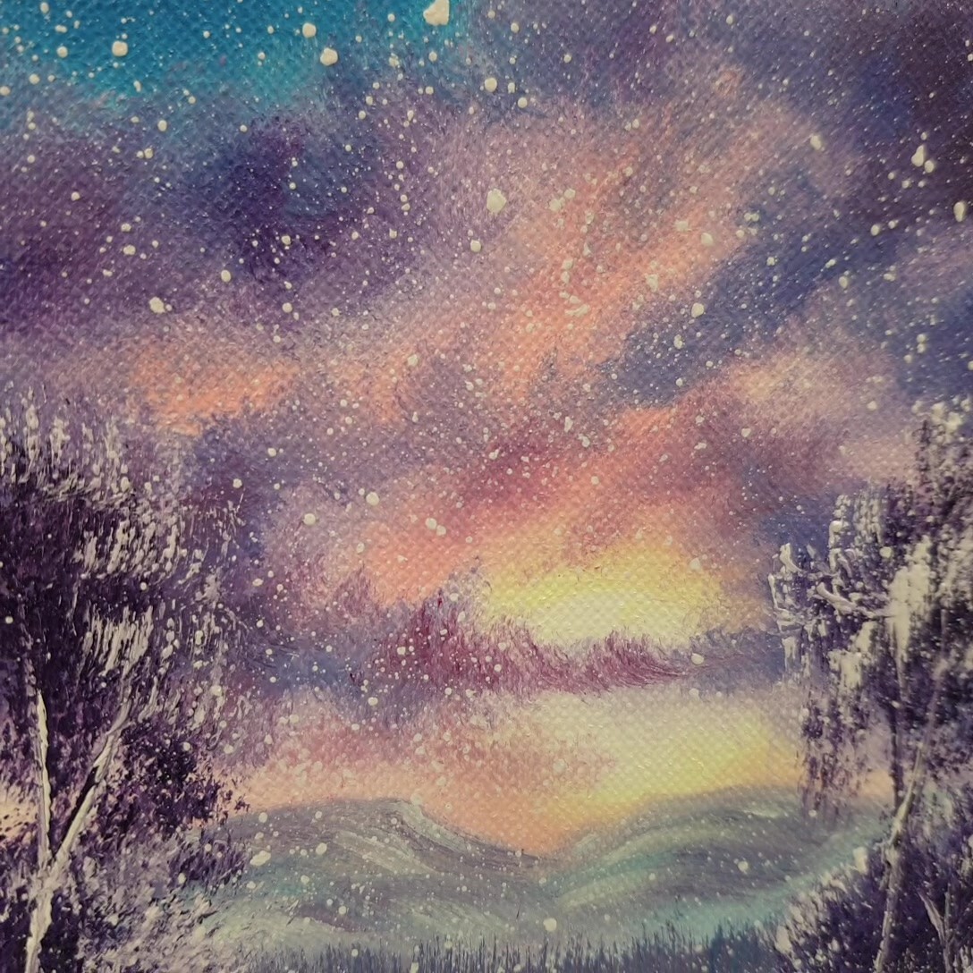 Winter Sunset Snowfall Landscape Cabins Mountains Path Holiday Decor Wall Art