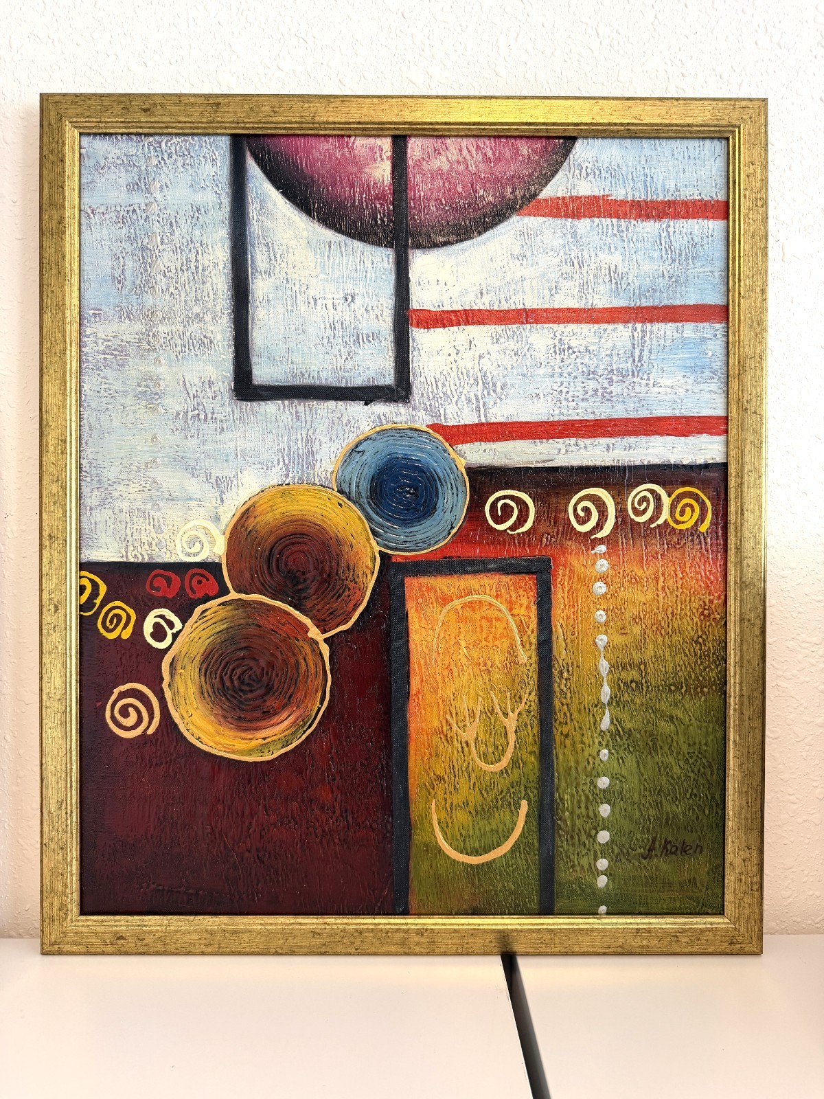 Alena Kalen Modern Geometric Original Abstract Oil Painting «Inner Smile” COA