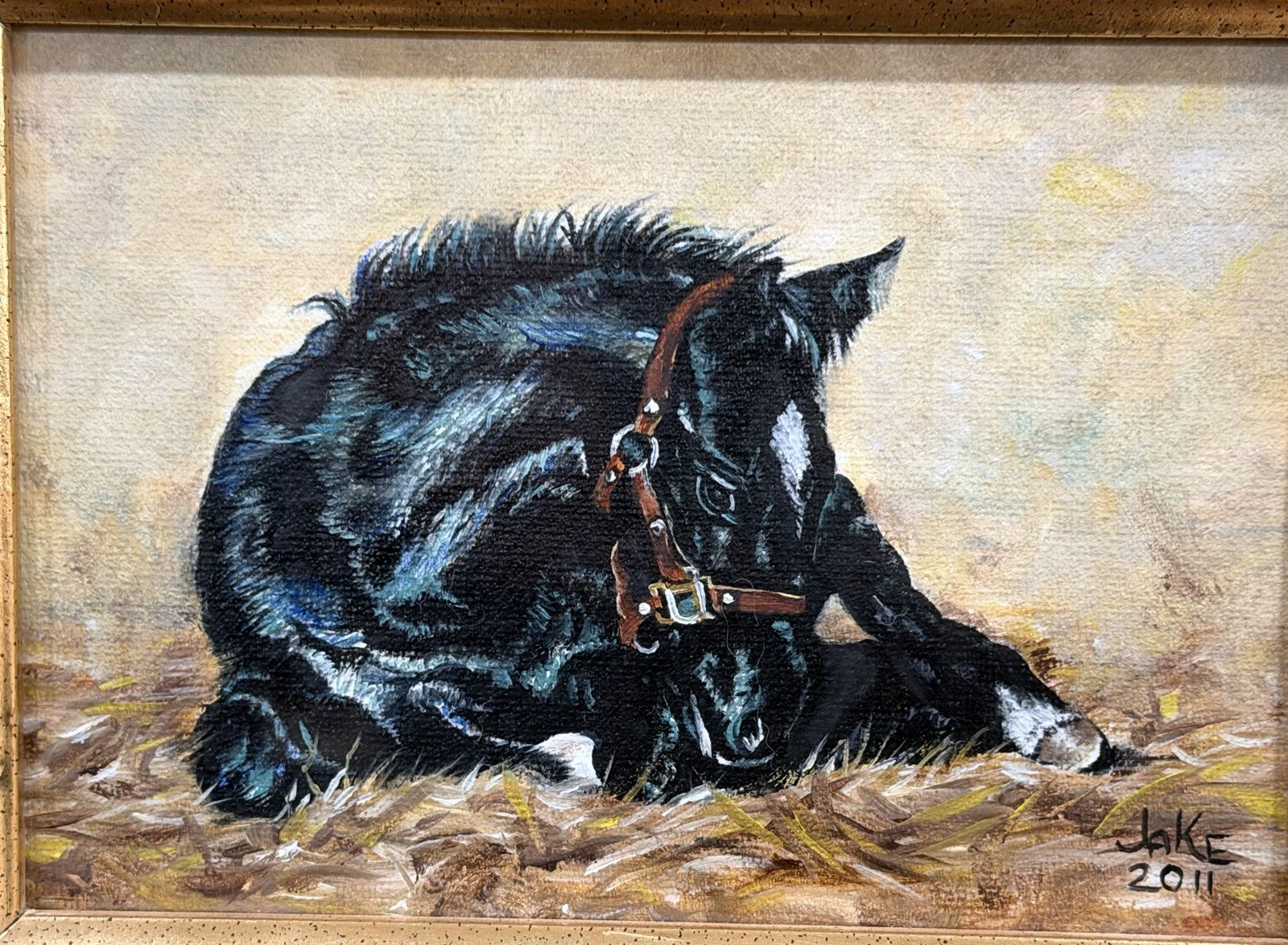 2011 Signed Equestrian Horse Cabinet Oil Artwork Painting Gold Gilt Frame