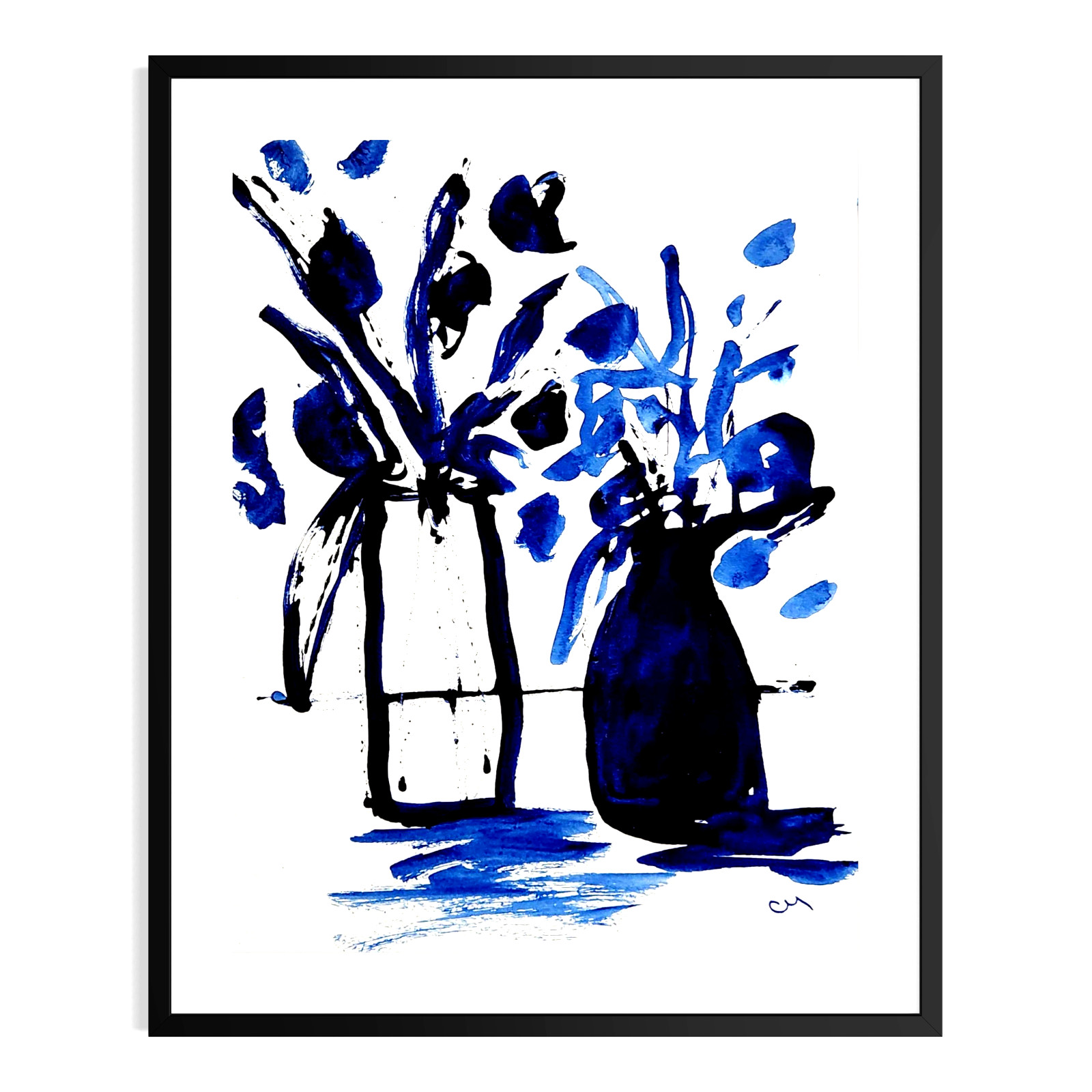 Original Minimalist 9×12 Signed Botanical Acrylic Paper Art Blue Home Decor