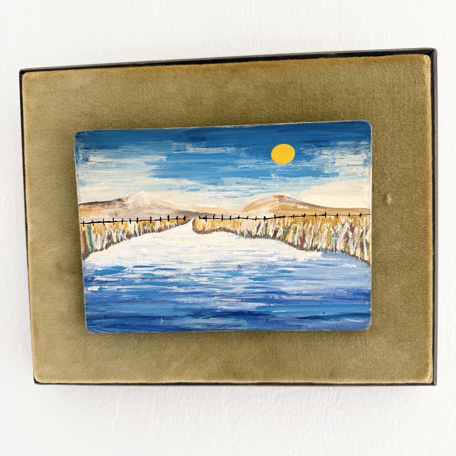 Vintage Landscape Original Painting On Wood With 3D Felt Mat and Wood Frame