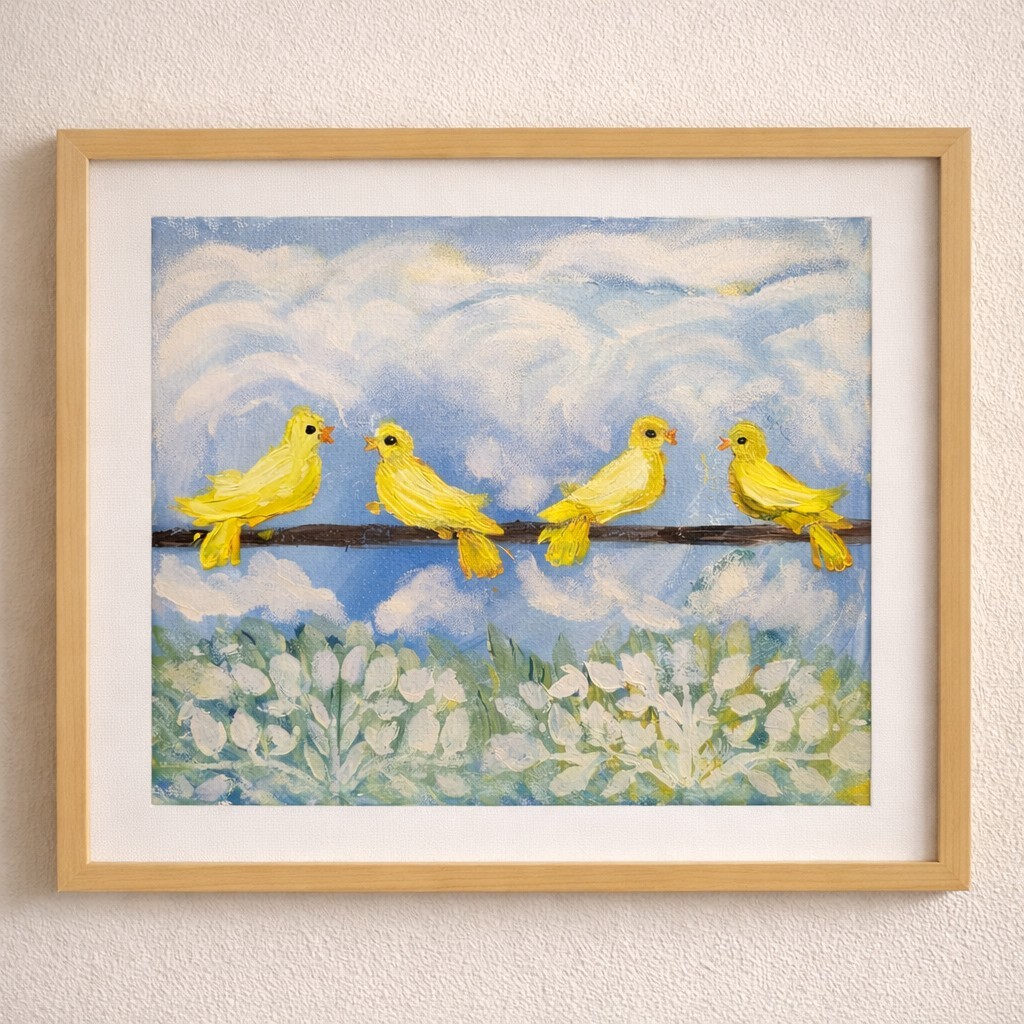 Four Yellow Birds on a Wire –Whimsical Sky Acrylic Painting 11×14 Billie Bakhshi