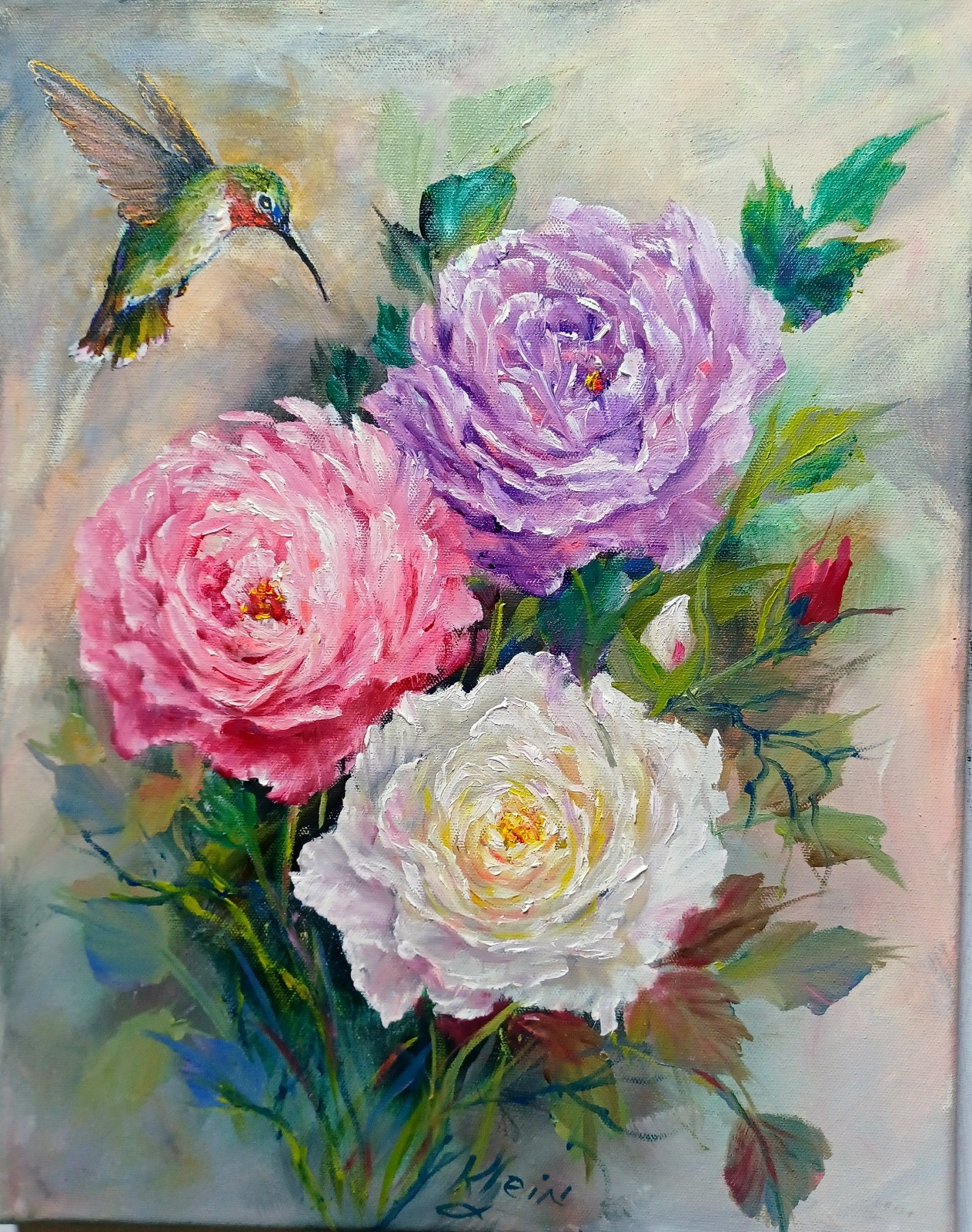 HUM AND MULTI-COLORED ROSES Original Floral 14×18 BIRD PAINTING BY ARTIST KLEIN