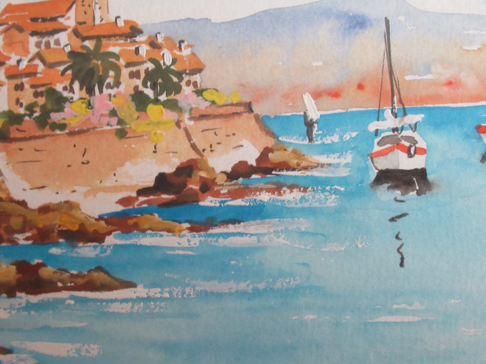 Original Matching Pair Watercolors City Port & Fountain Signed, Matted & Framed