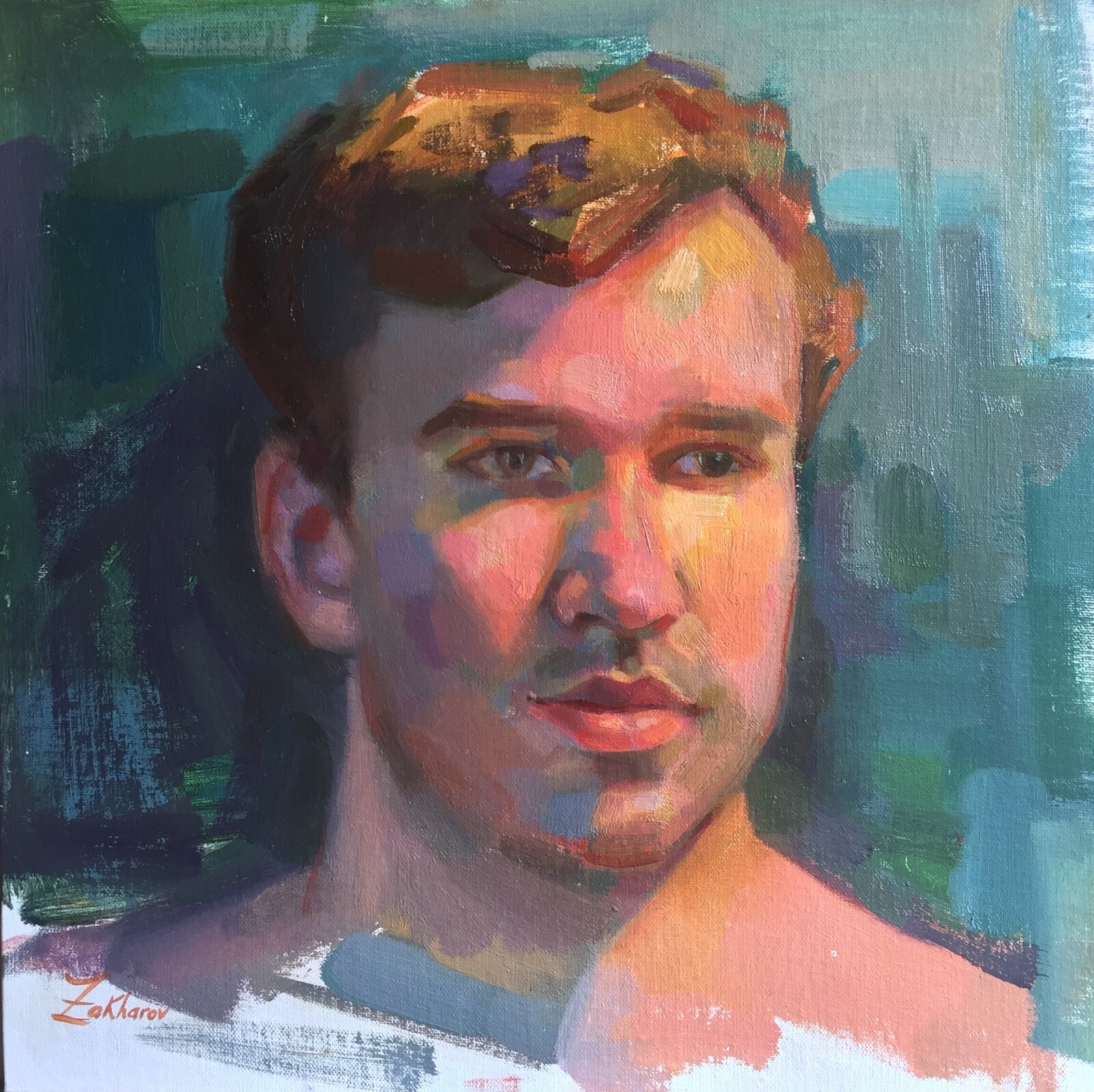 Oil Portrait Painting Young Man Green Eyes Contemporary Realism Impressionism