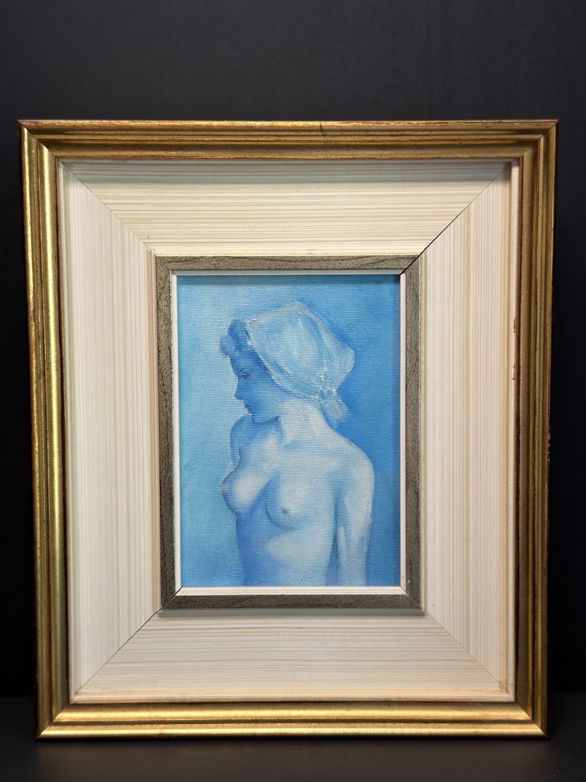 Vintage MCM Oil Painting Nude Portrait Woman In Blue Tones Framed EUC