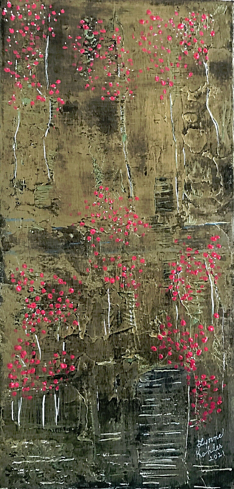 Original painting 8×16″ textured Japanese Garden CANVAS gold by Lynne Kohler