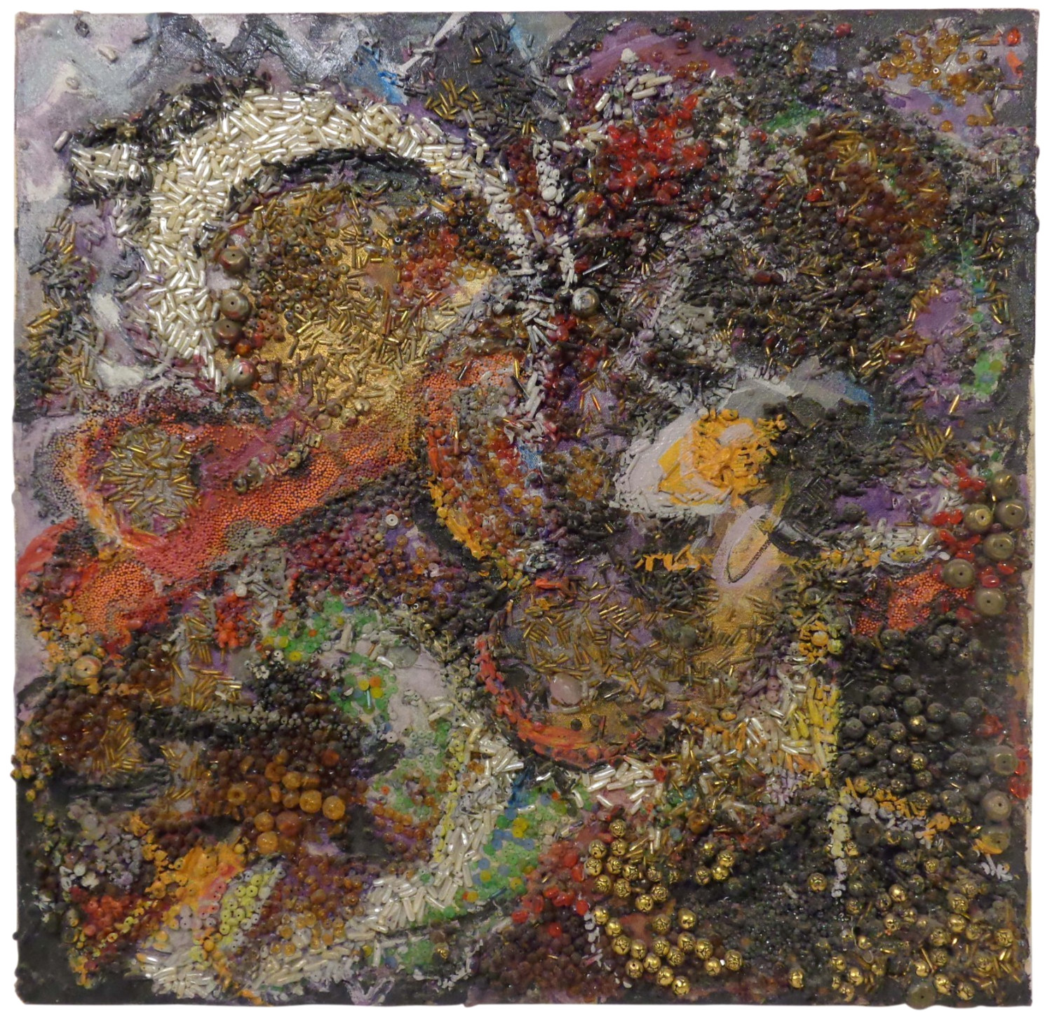 PADA, 1986 ‘DUST & SHADOW’ VINT SIGNED PAINTED/BEADED ABSTRACT COLLAGE on CANVAS