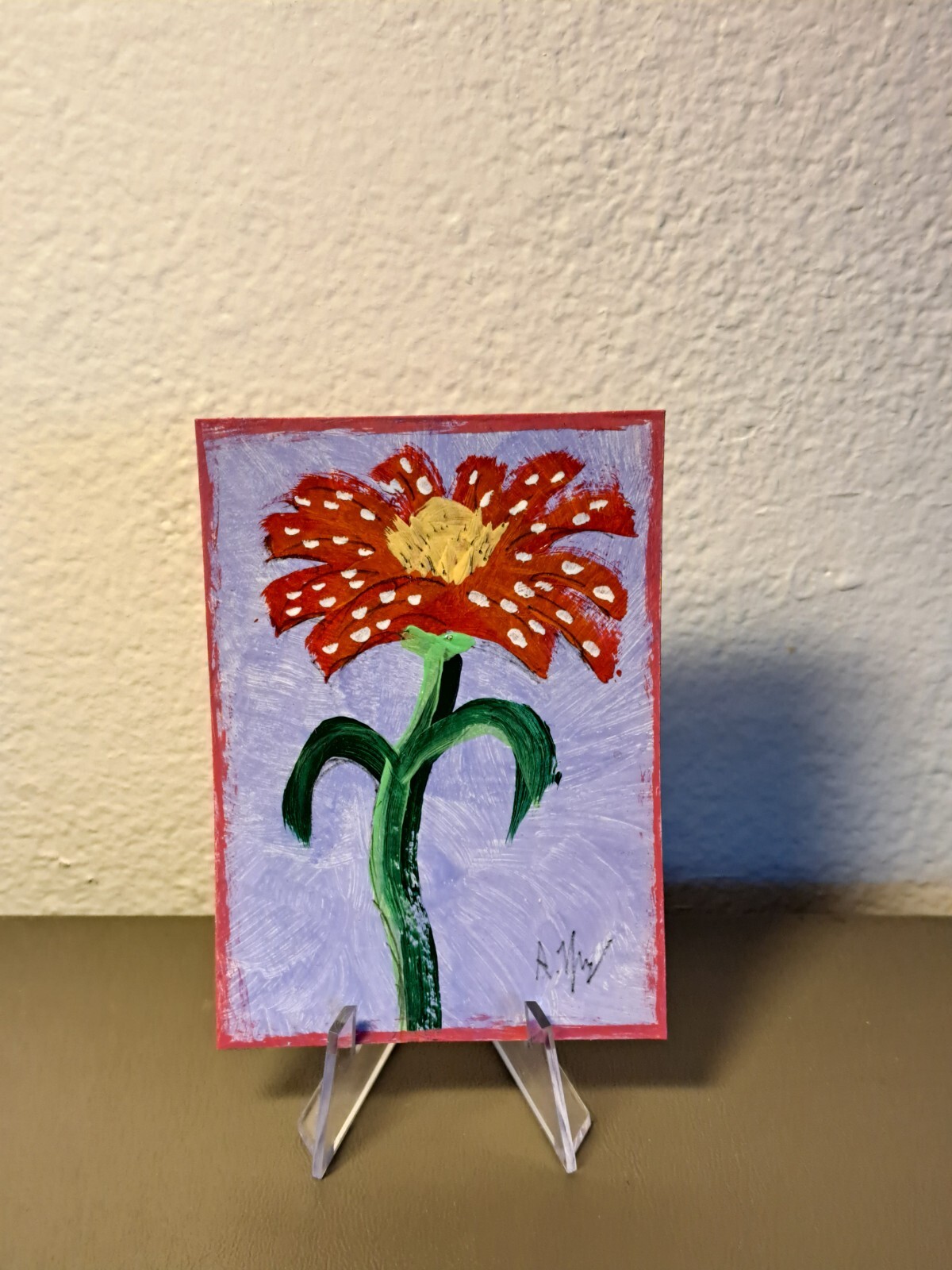 aceo original art acrylic Ink of «Red Flower+Poka Dots5» (OOAK) Limit 1/1 Signed