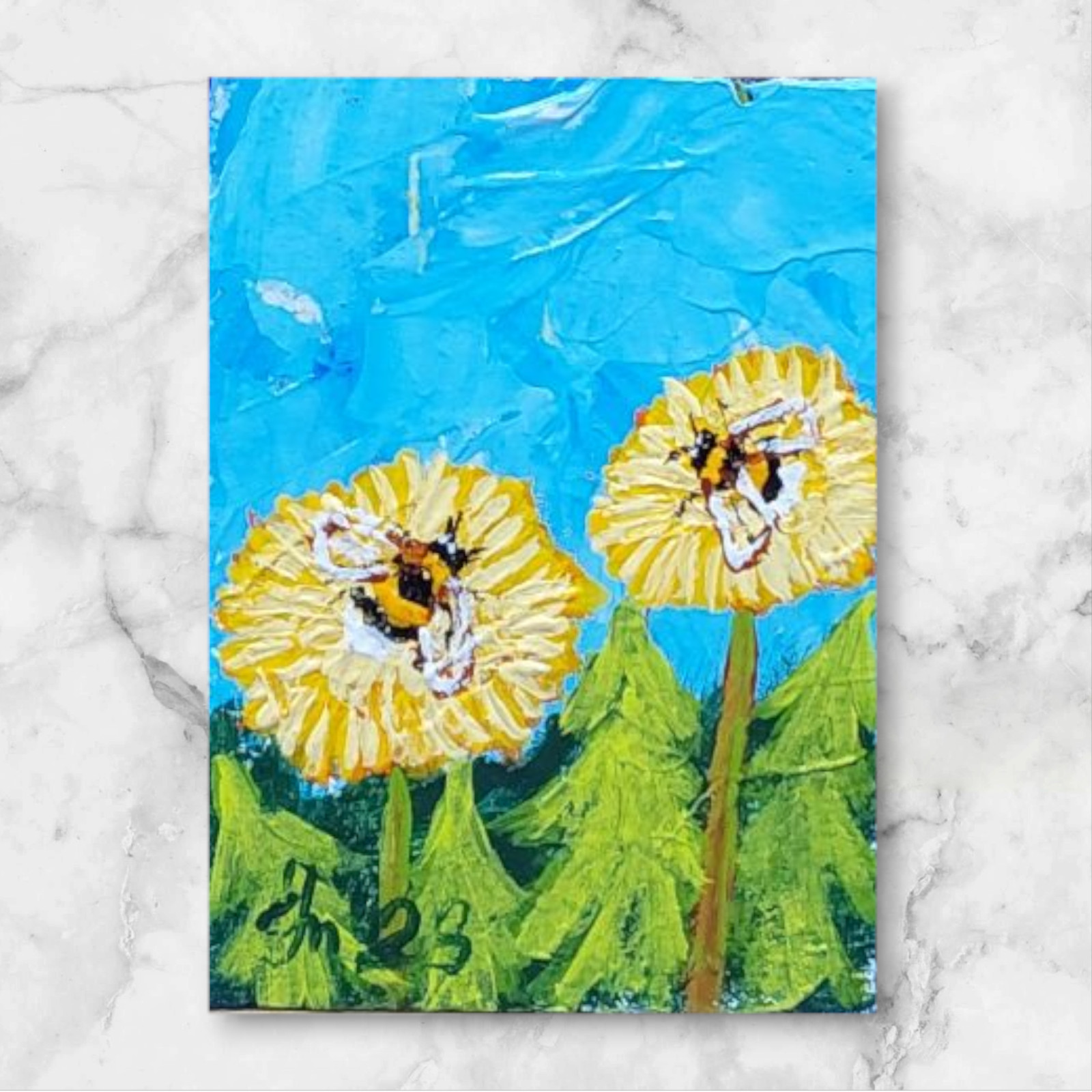 ACEO Honey Bee Dandelion 1 Original Painting Bumblebe Gift Art Handmade Postcard