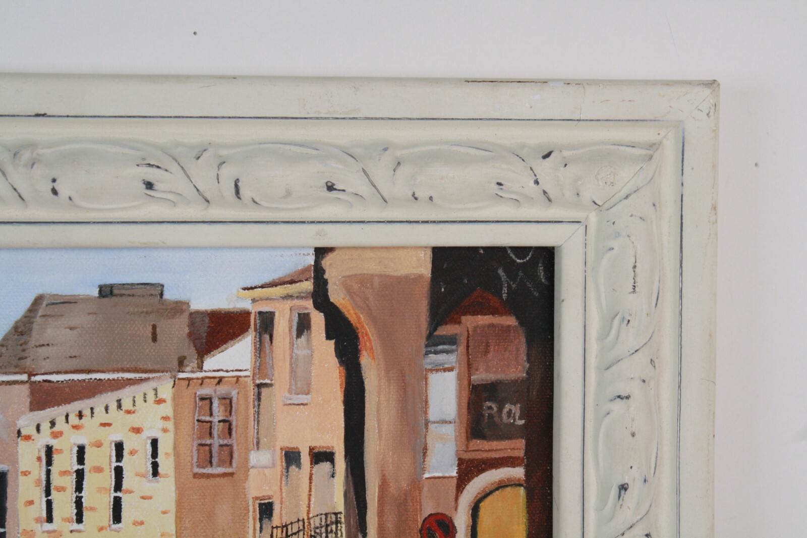 Vintage Cityscape Downtown Cobblestone Street Scene Oil Painting Unsigned Framed