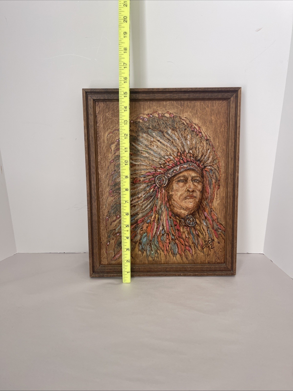 Native Sioux Indian Chief Etched Painting Sitting Bull On Wood 15×12” Vintage