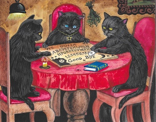 11×14 PRINT OF PAINTING RYTA HALLOWEEN BLACK CAT OUIJA BOARD SPIRIT Witch art 🍁