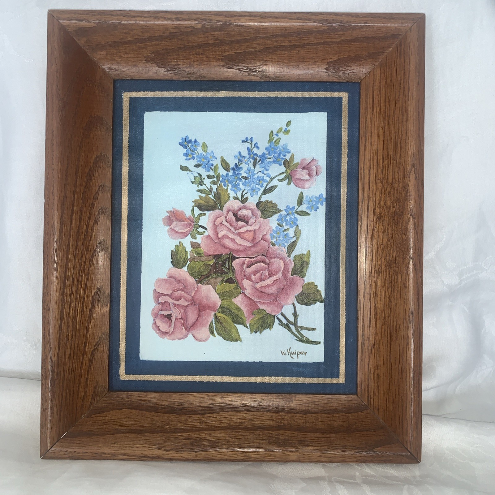 Vintage Oil Painting Roses Bouquet Canvas in Wood Frame 13 x 11 overall
