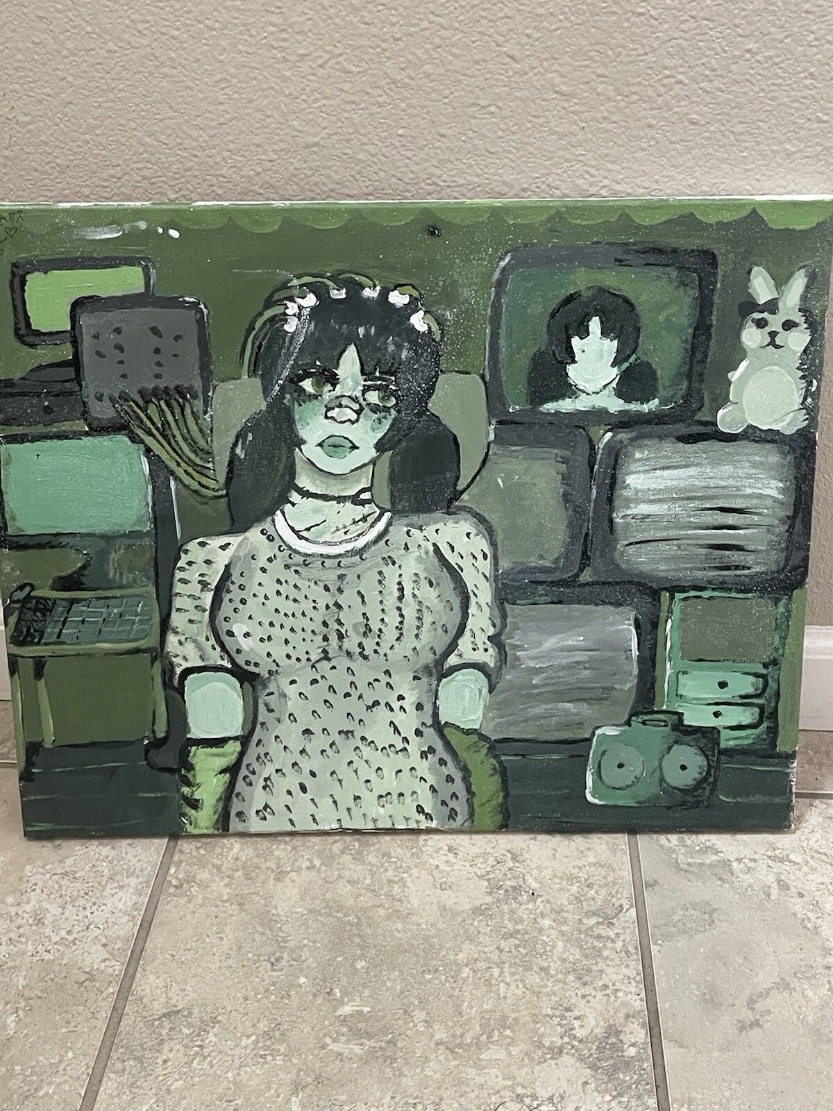 Tech Sick : Art painting original acrylic green hand painted signed