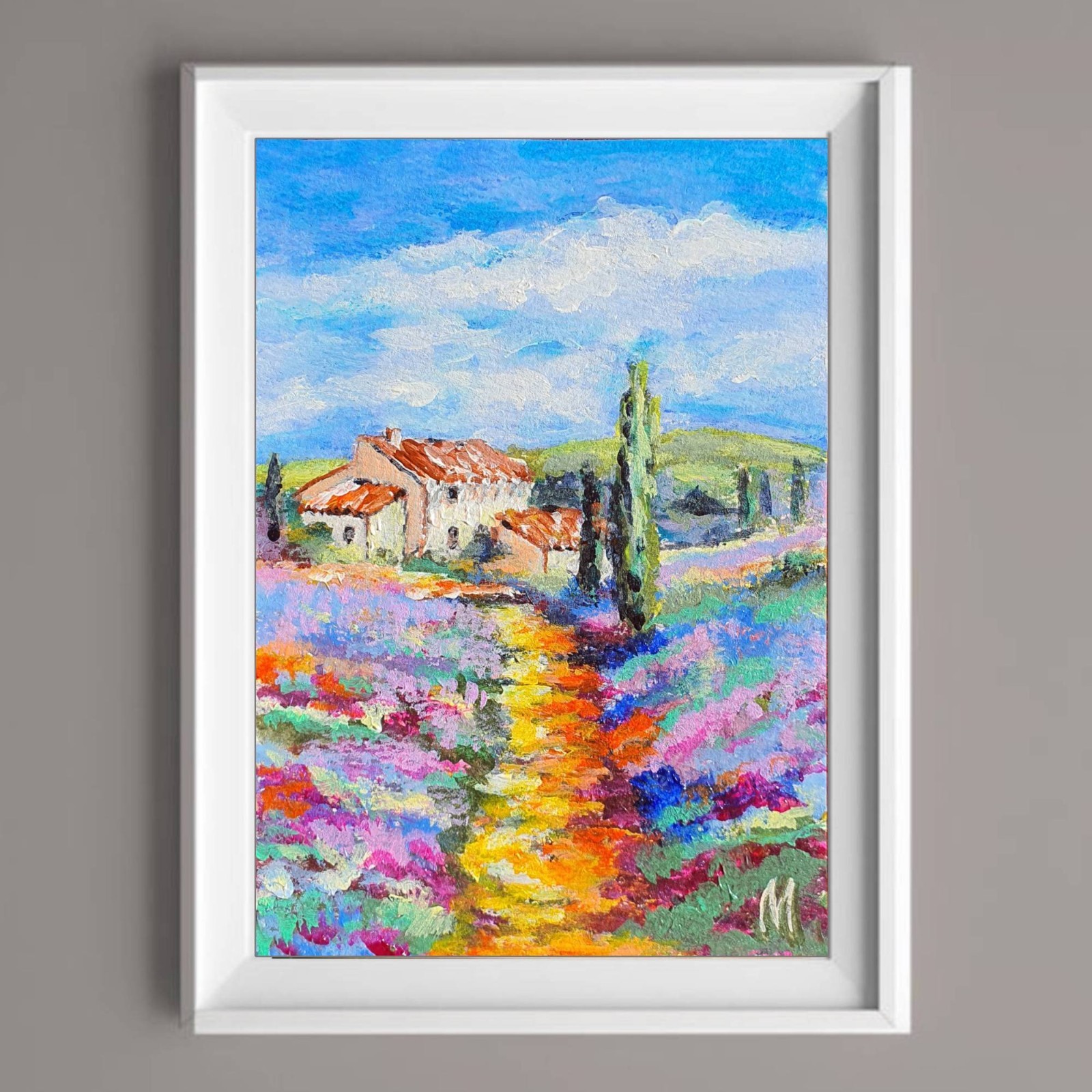 Tuscan Lavender Field Cottage Painting Original Art Landscape Postcard 6×4 Texas