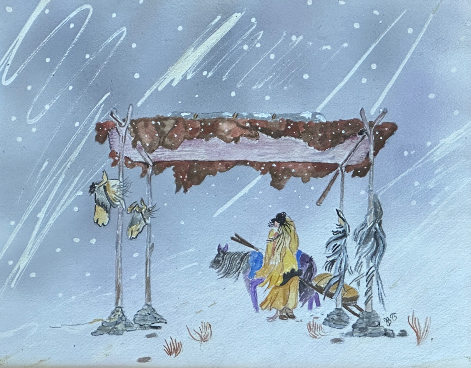 WINTER SCENE Navajo Gouche On Paper 11″ X 14″ SIGNED JB