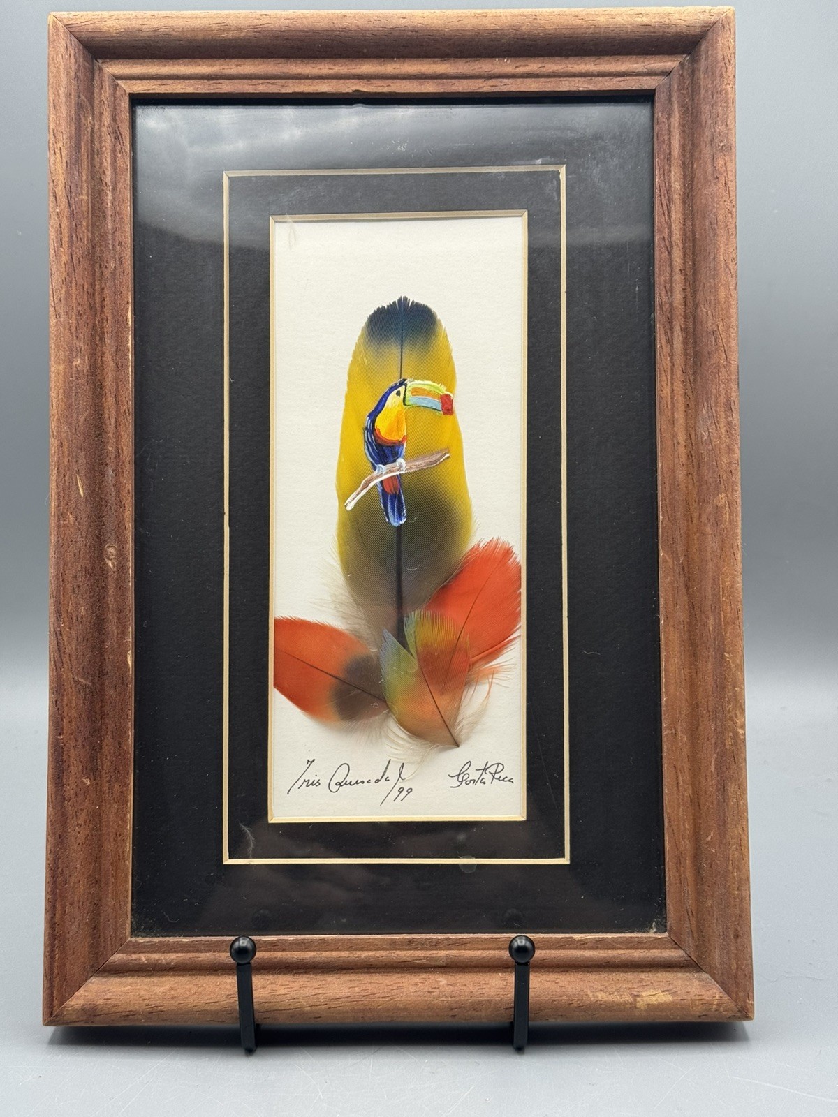Vintage 1999 Hand Painted Parrot Feather Art Signed by Artist