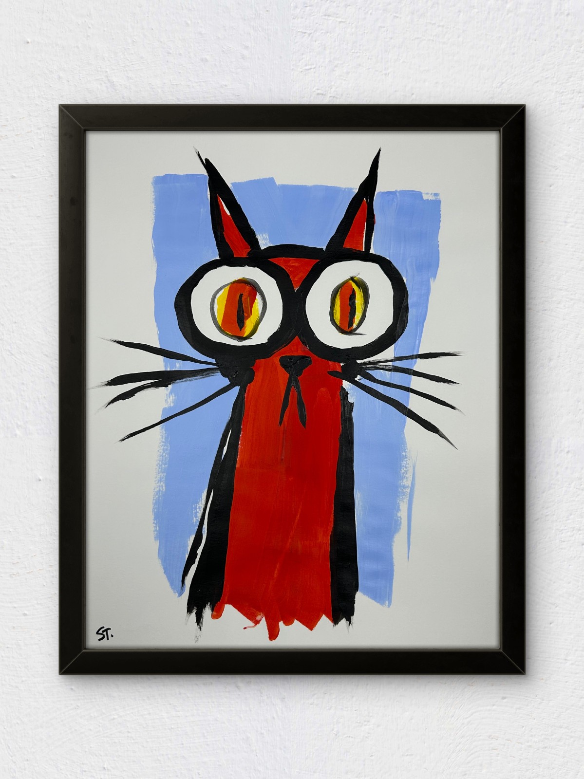 Original Folk Art Cat Painting Signed Colorful Wall Art STerling Paper 11×14