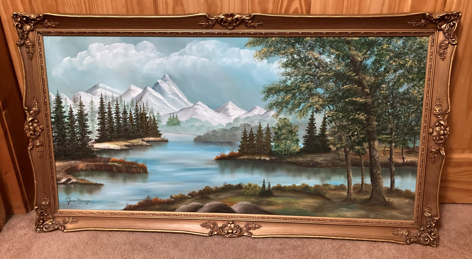 vintage oil on canvas landscape painting JANE MAURER with gold frame 53″x29″ art