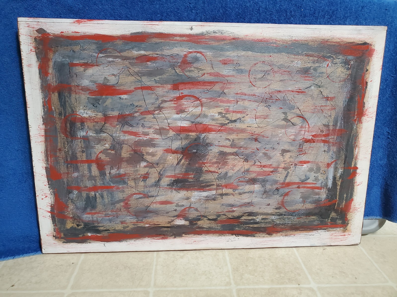 Original Abstract Art Painting 18×27 On 3/4 Wood Grays Red White W/ Manifesto