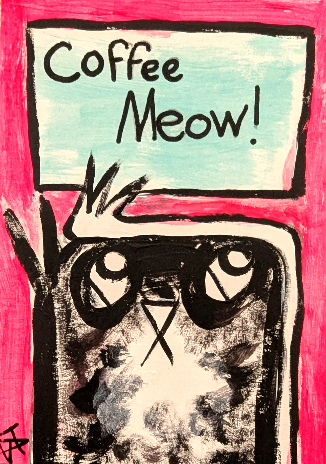 ACEO Original Cat Painting Collectible Modern Coffee Folk Art By Samantha McLean