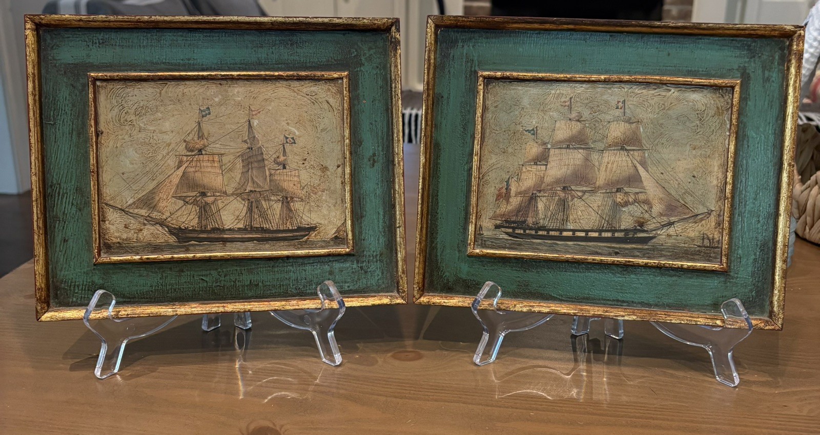 Pair Vintage 19th C. Paintings 3 Masted Clipper Tall Ships Painted on Board