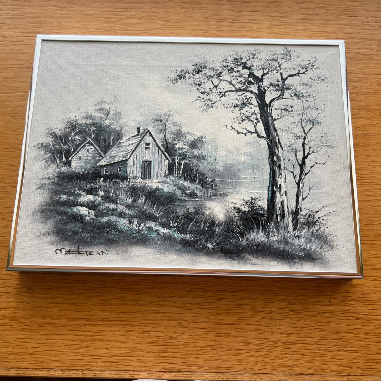 Melton Signed Oil Painting Canvas Country Cottage Forest Lake Water Cabin 16×12