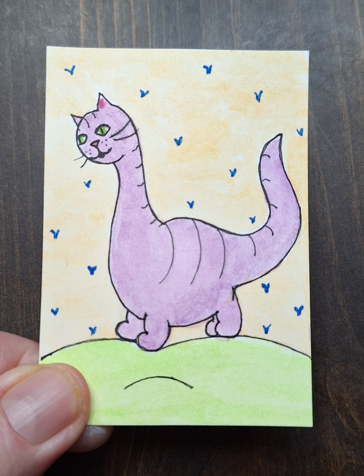 ACEO Original Kitty Cat Watercolor Cartoon Painting by Sandrajean Smith