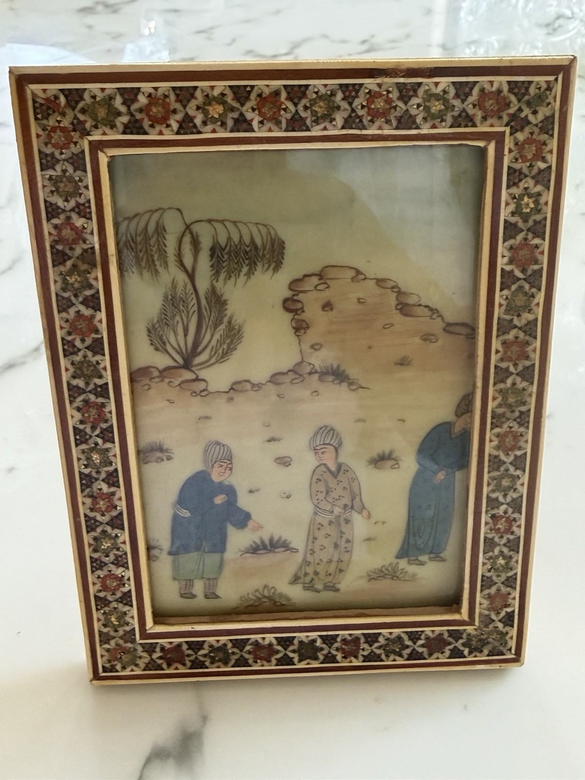 Vintage Persian Khatam Kari Miniature Painting Inlaid Mosaic Frame 5.5”