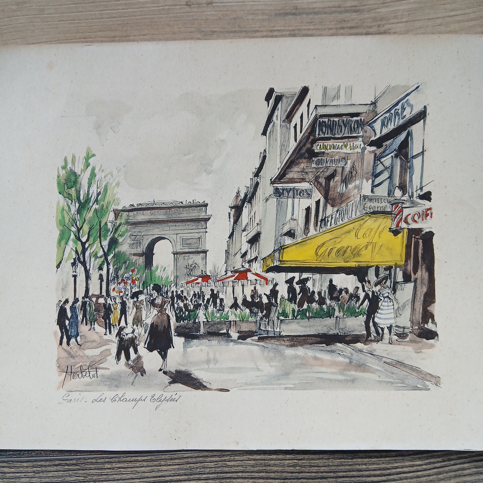 ​Vintage Paris Watercolor Painting Print Signed Herbelot Arc de Triomphe Champs