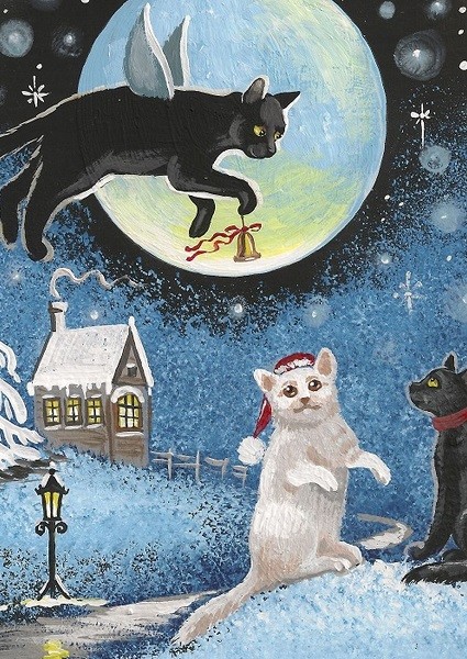 ACEO PRINT OF PAINTING RYTA BLACK WHITE CAT FOLK WINTER XMAS ANGEL gift art Bell