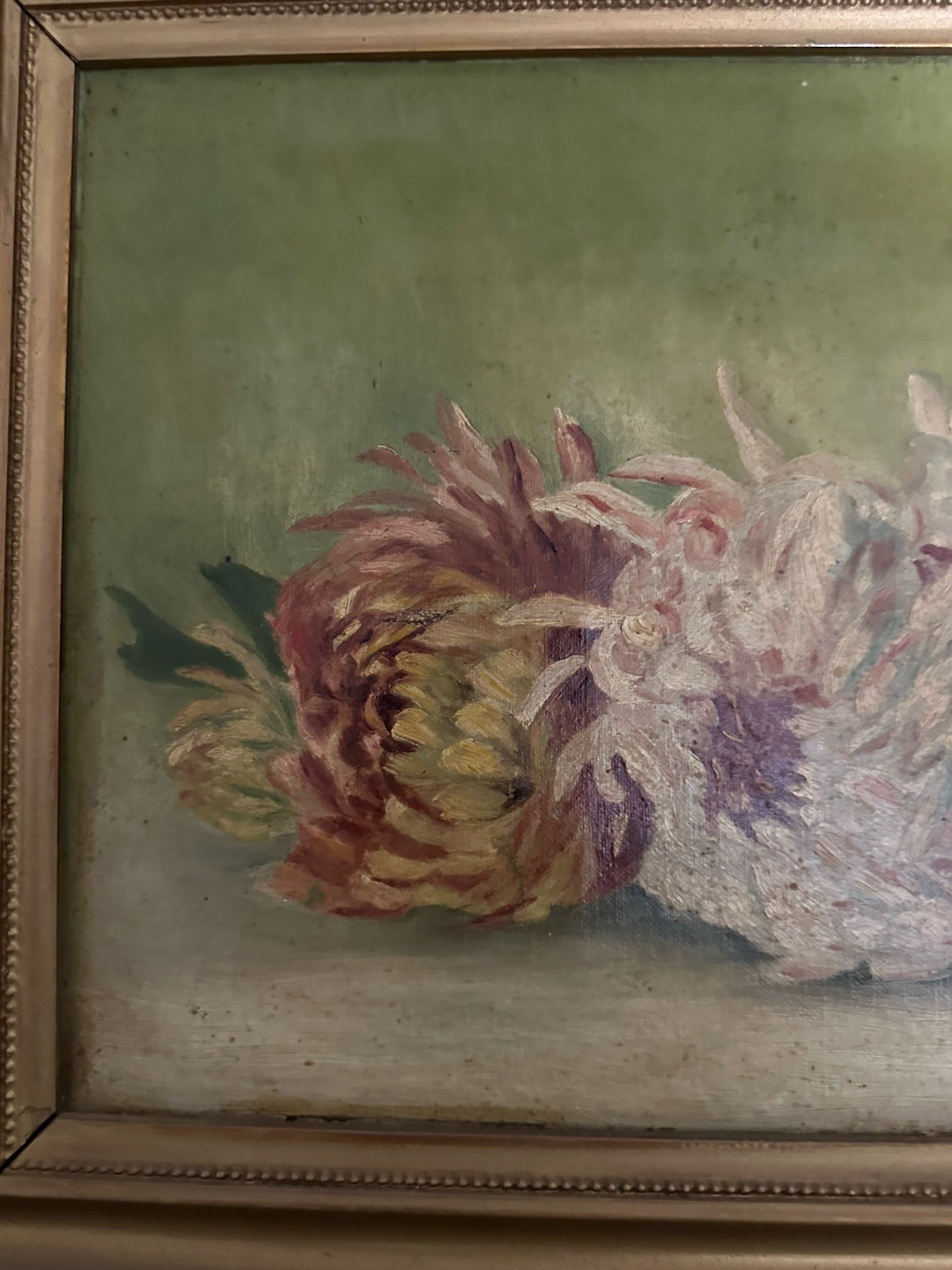 Antique Victorian Rare Horizontal Oil / C Chrysanthemum’s 40 X 14 Still Life