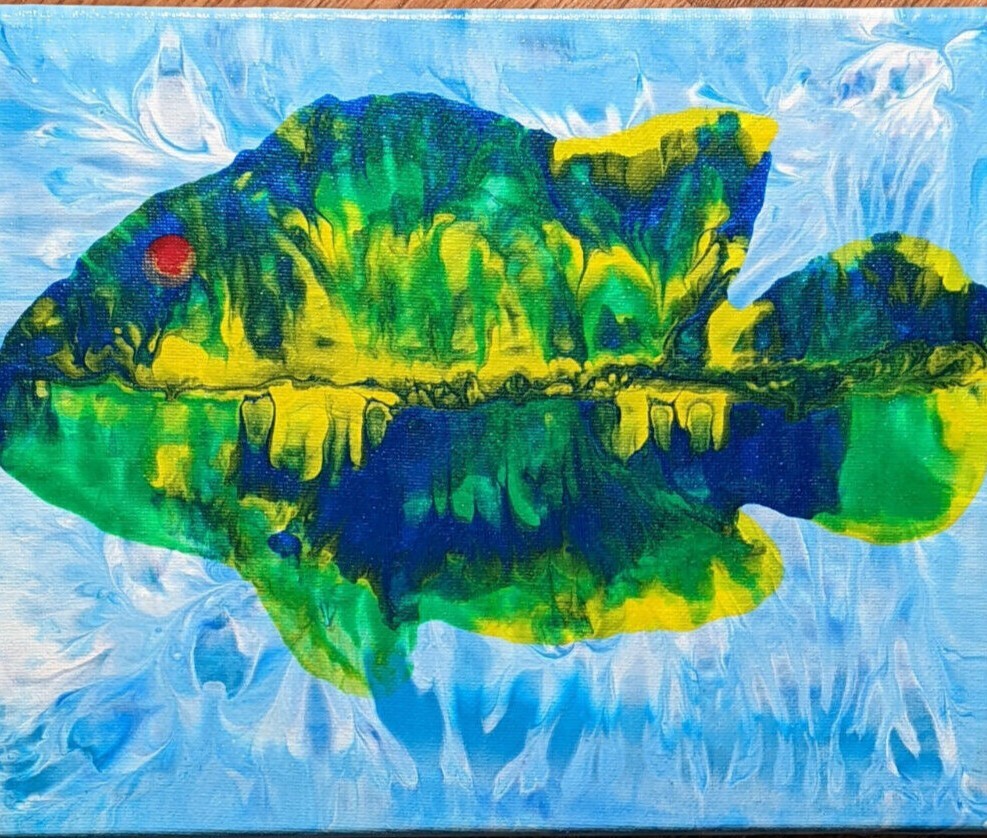 Artisan Original Acrylic Fluid Pour of Fish, 8×10 Canvas, Title Colored Damsel