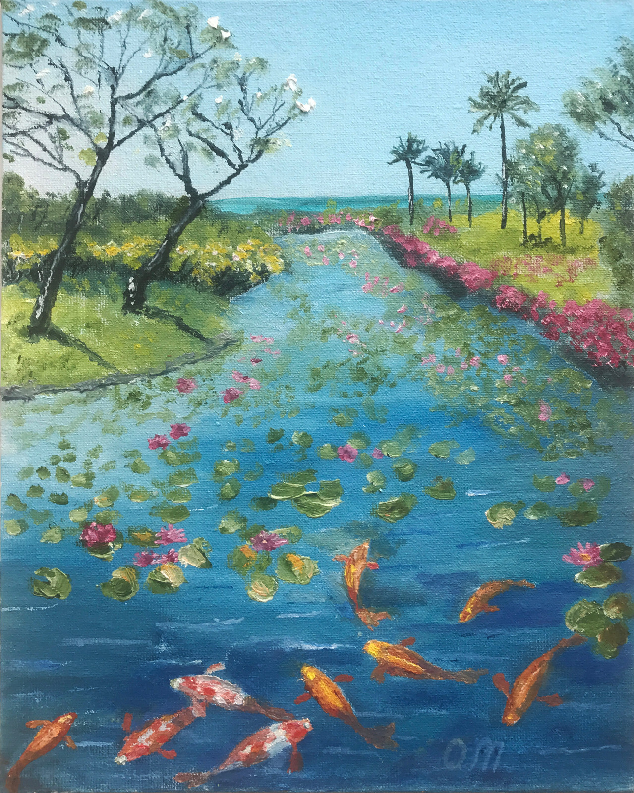 Original Painting Koi pond painting Pond painting Landscape picture