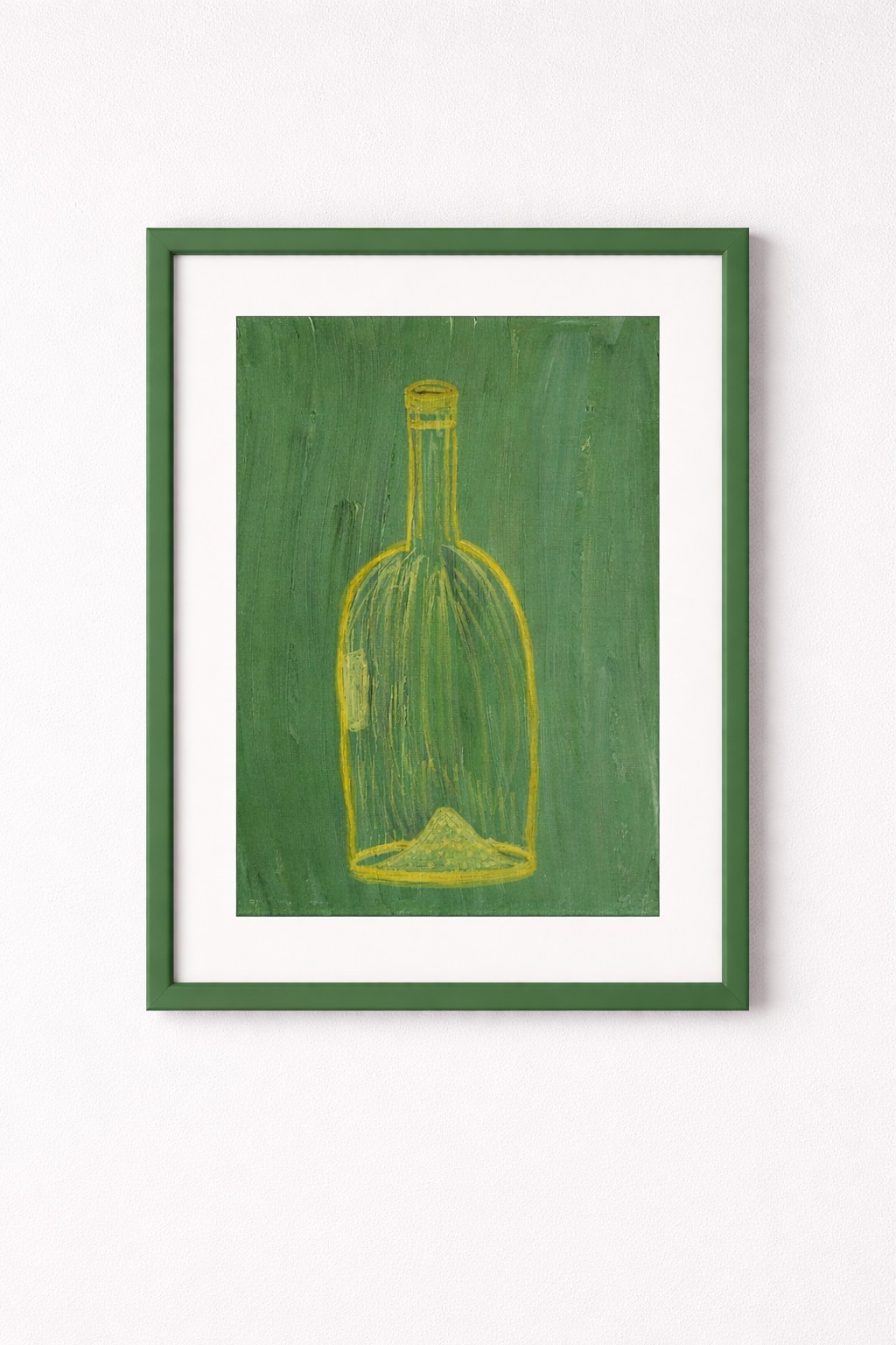 Modern Bottle Still Life Painting Green Yellow Acrylic Art Minimalist Wall