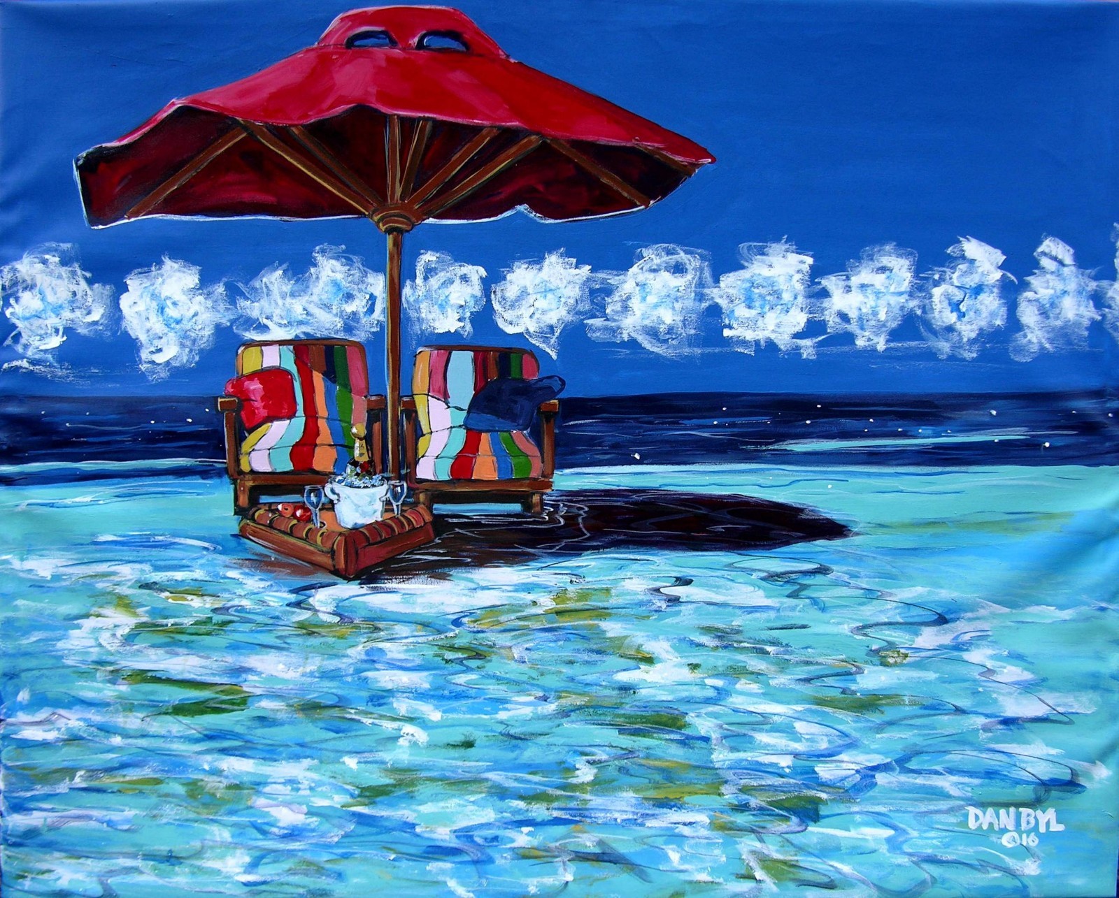 TROPICAL BEACH UMBRELLA Original Art PAINTING DAN BYL Modern Contemporary 4×5 ft